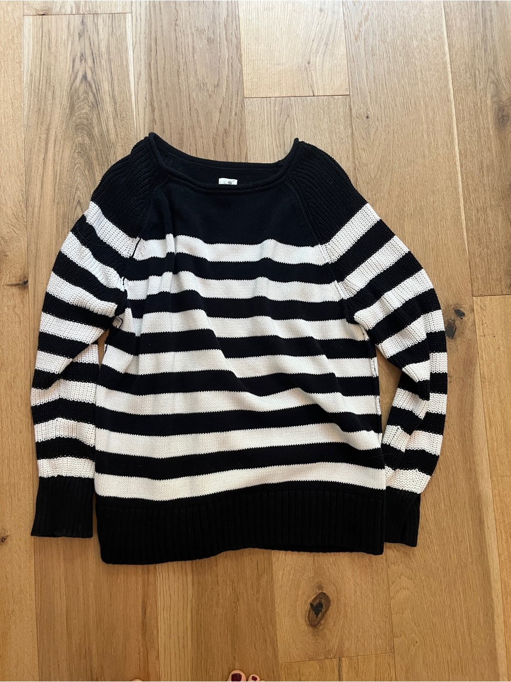 aerie Black and White Striped Crewneck Sweater